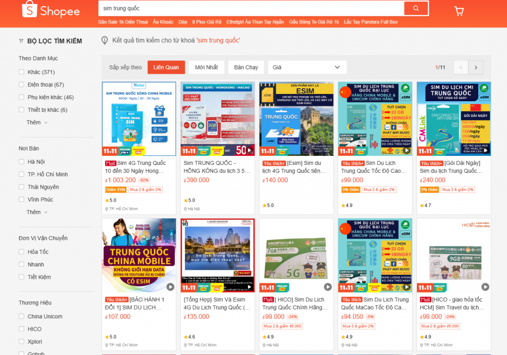 Sim vv888 Trung Quốc có bán trên Shopee với nhiều lựa chọn đa dạng